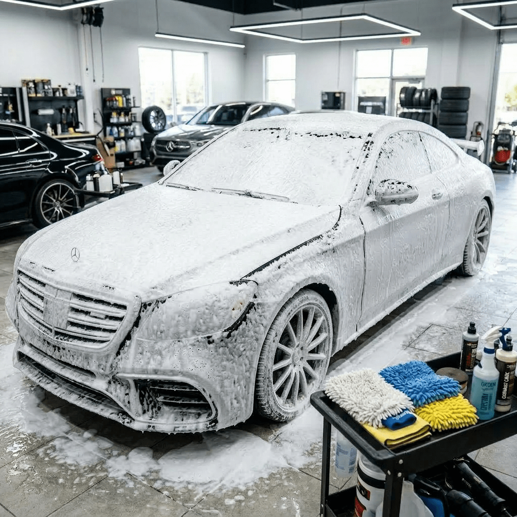 Technician polishing black luxury car with buffer inside detailing garage
